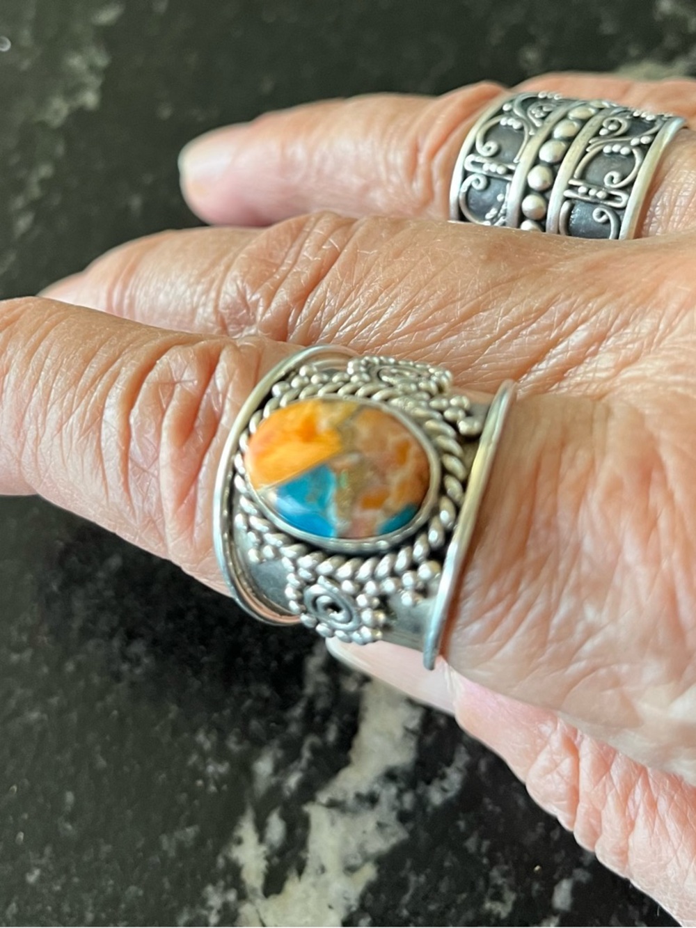 Oyster Copper Turquoise Orange Blue Wide Band Ring 925 Sterling Silver Size 9